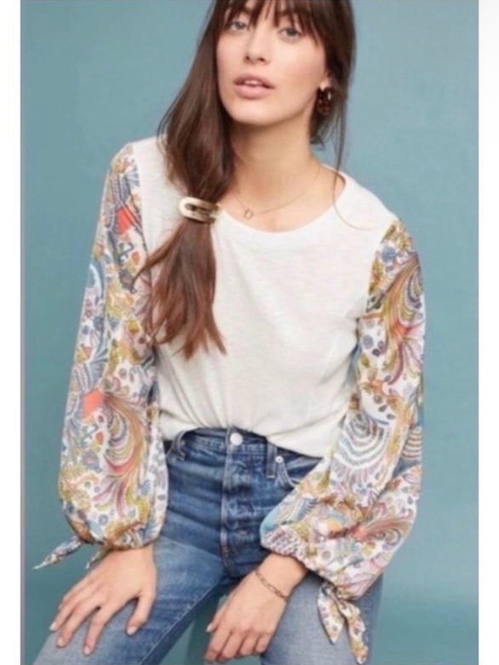 Anthropologie Maybelle Peacock Tie Sleeve Blouse - Large